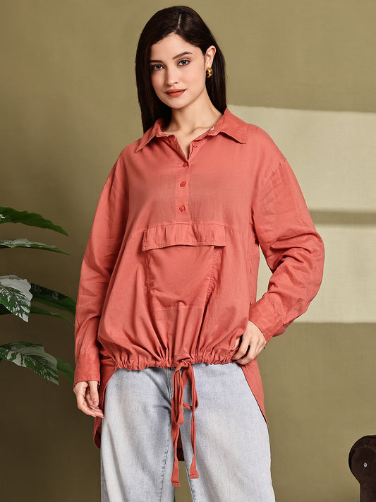 Rust Cotton Loose Fit Longline Shirt with Pocket