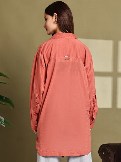 Rust Cotton Loose Fit Longline Shirt with Pocket
