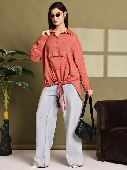 Rust Cotton Loose Fit Longline Shirt with Pocket