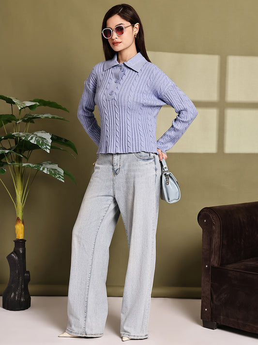 Acrylic Full Sleeve with Blue Cable Knit Polo Sweater