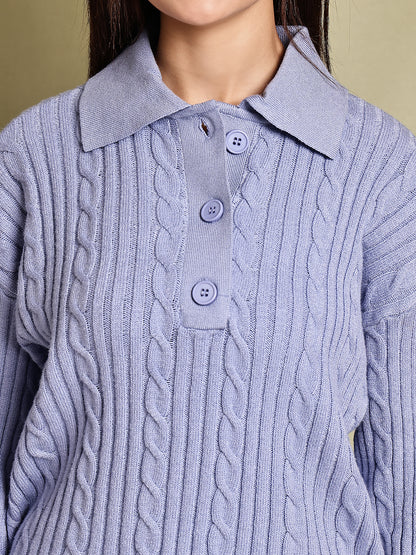 Acrylic Full Sleeve with Blue Cable Knit Polo Sweater