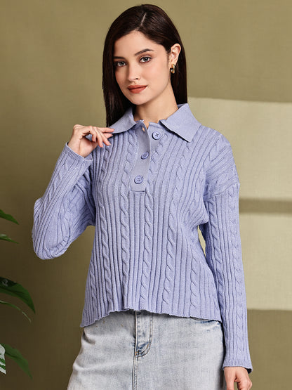 Acrylic Full Sleeve with Blue Cable Knit Polo Sweater