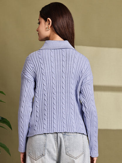 Acrylic Full Sleeve with Blue Cable Knit Polo Sweater