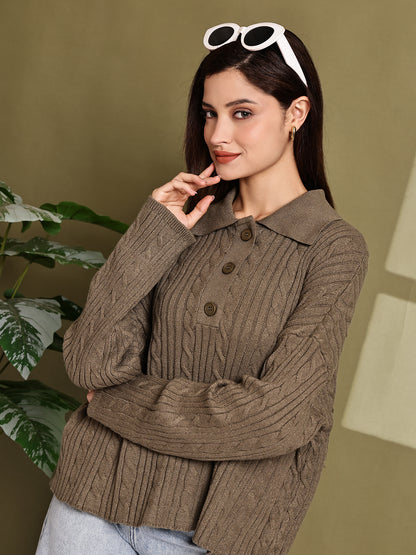 Acrylic Full Sleeve with Green Cable Knit Polo Sweater
