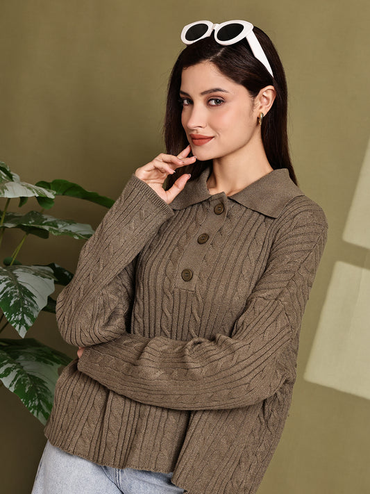 Acrylic Full Sleeve with Green Cable Knit Polo Sweater