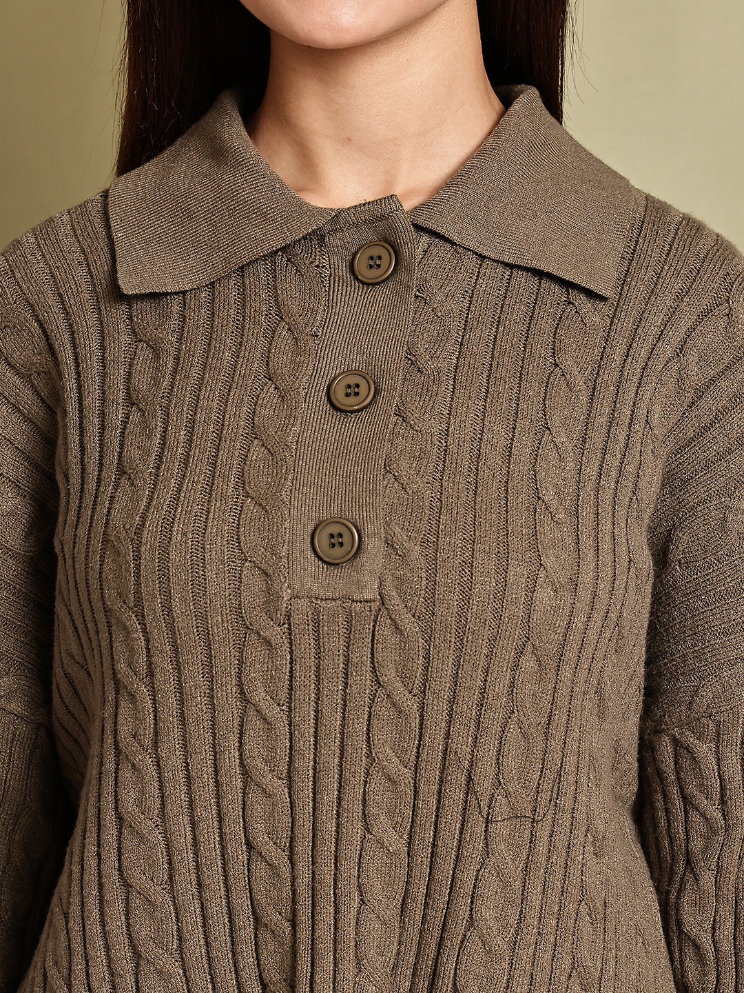 Acrylic Full Sleeve with Green Cable Knit Polo Sweater