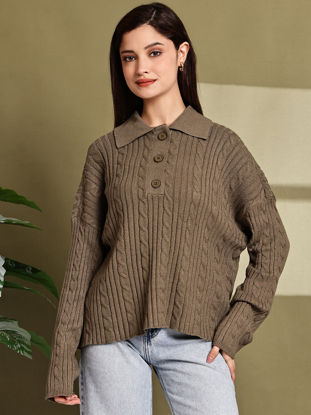 Acrylic Full Sleeve with Green Cable Knit Polo Sweater