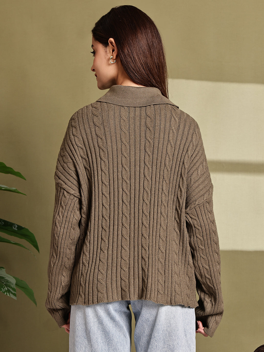 Acrylic Full Sleeve with Green Cable Knit Polo Sweater