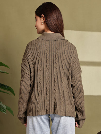 Acrylic Full Sleeve with Green Cable Knit Polo Sweater