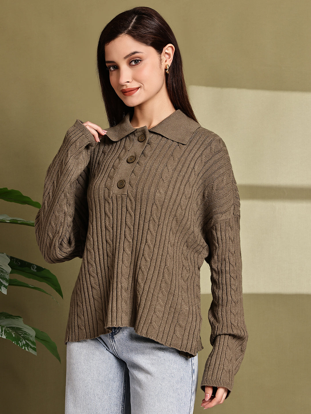 Acrylic Full Sleeve with Green Cable Knit Polo Sweater