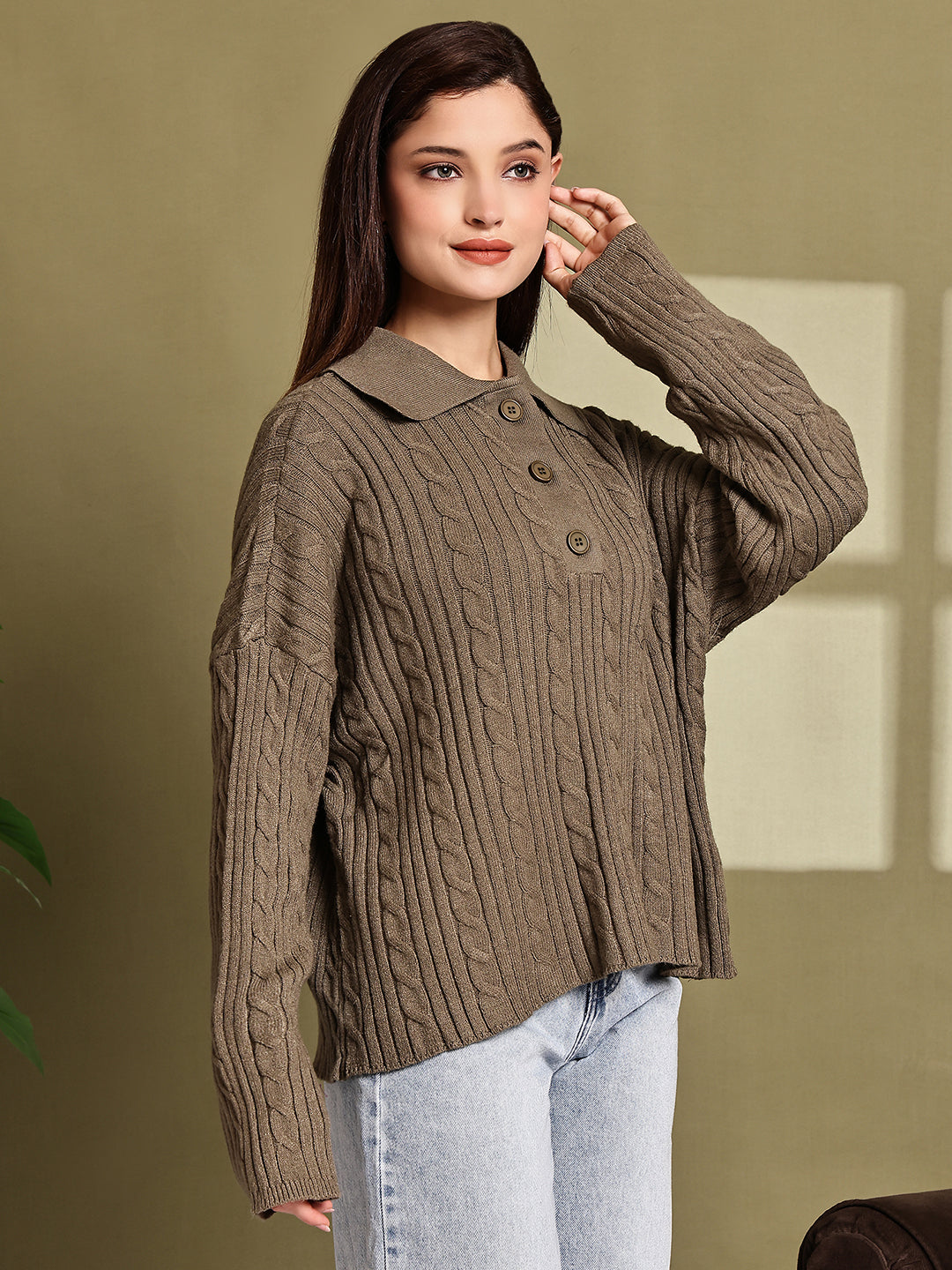 Acrylic Full Sleeve with Green Cable Knit Polo Sweater