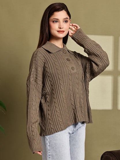 Acrylic Full Sleeve with Green Cable Knit Polo Sweater