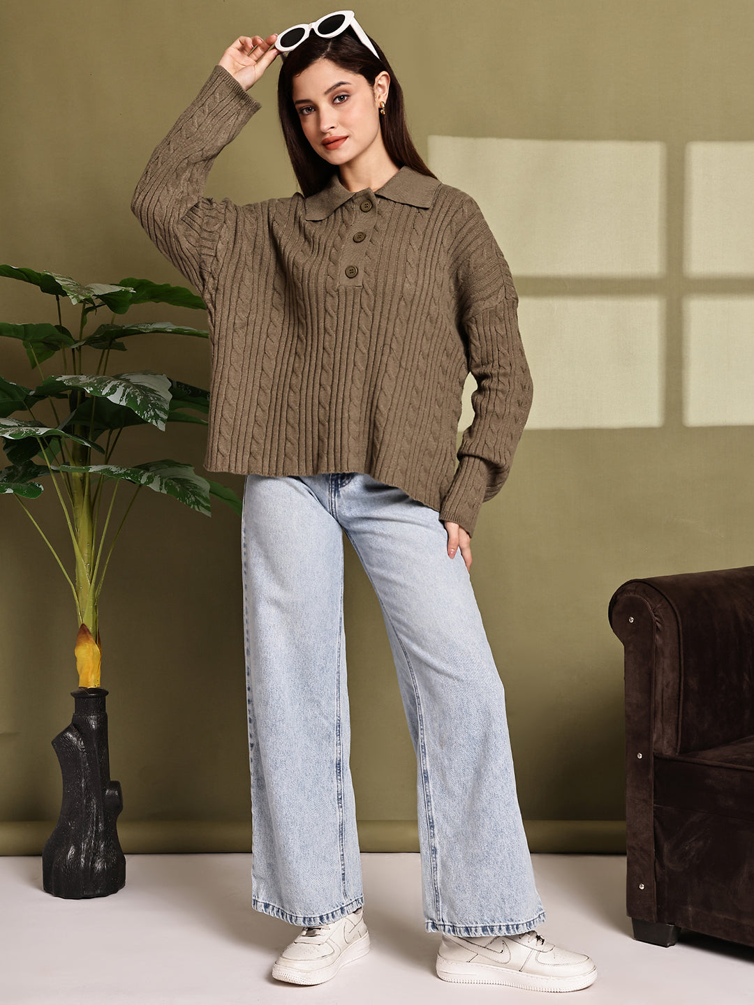 Acrylic Full Sleeve with Green Cable Knit Polo Sweater