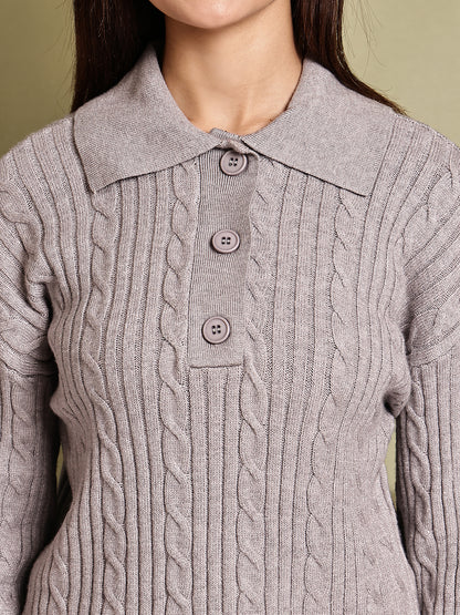 Acrylic Full Sleeve with Grey Cable Knit Polo Sweater