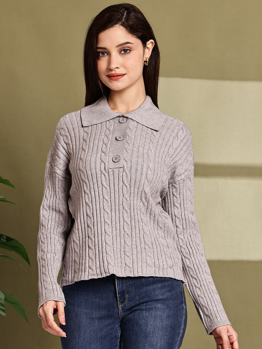 Acrylic Full Sleeve with Grey Cable Knit Polo Sweater
