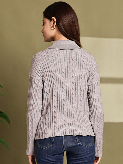 Acrylic Full Sleeve with Grey Cable Knit Polo Sweater