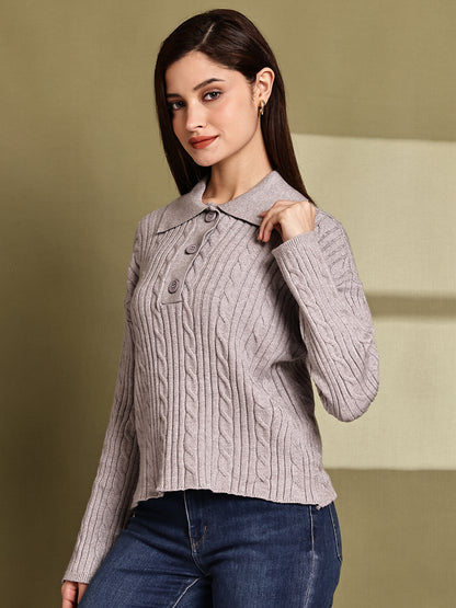 Acrylic Full Sleeve with Grey Cable Knit Polo Sweater