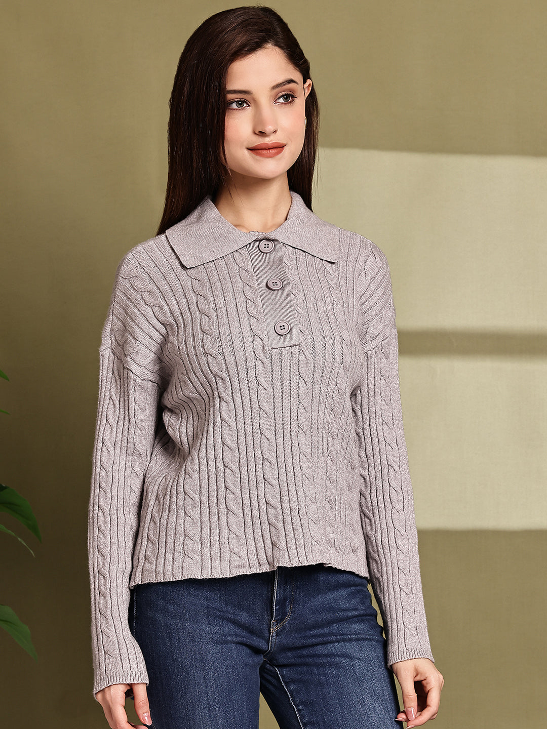 Acrylic Full Sleeve with Grey Cable Knit Polo Sweater
