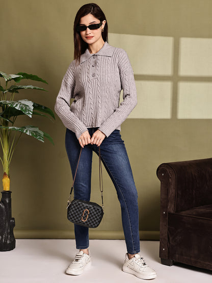 Acrylic Full Sleeve with Grey Cable Knit Polo Sweater