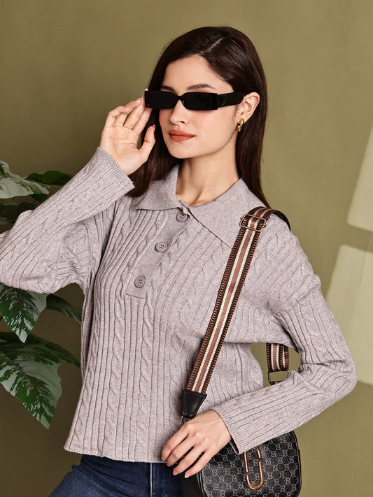 Acrylic Full Sleeve with Grey Cable Knit Polo Sweater