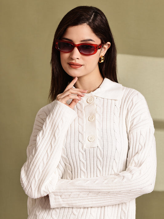 Acrylic Full Sleeve with White Cable Knit Polo Sweater