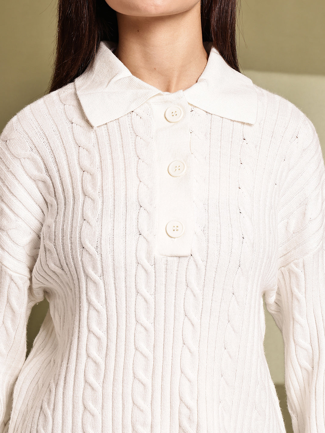 Acrylic Full Sleeve with White Cable Knit Polo Sweater