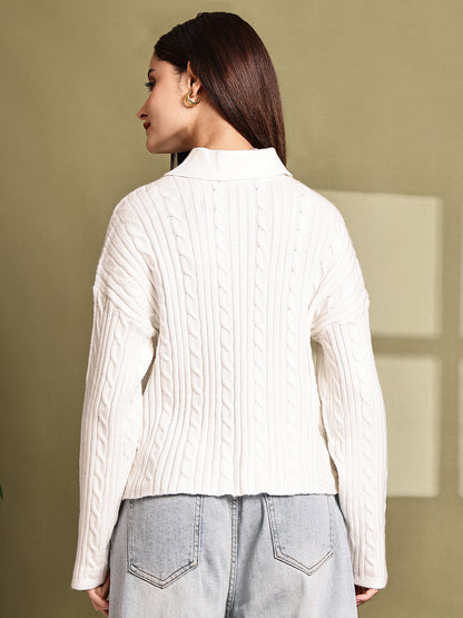 Acrylic Full Sleeve with White Cable Knit Polo Sweater