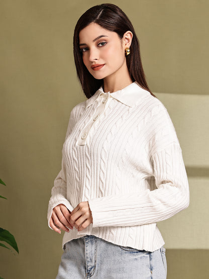 Acrylic Full Sleeve with White Cable Knit Polo Sweater