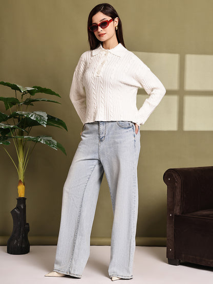 Acrylic Full Sleeve with White Cable Knit Polo Sweater