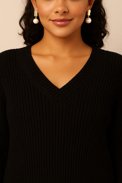 Acrylic Full Sleeve with V-Neck Knitted Black Sweater
