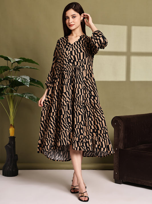 Black & Brown Printed Cotton Tiered Midi Dress