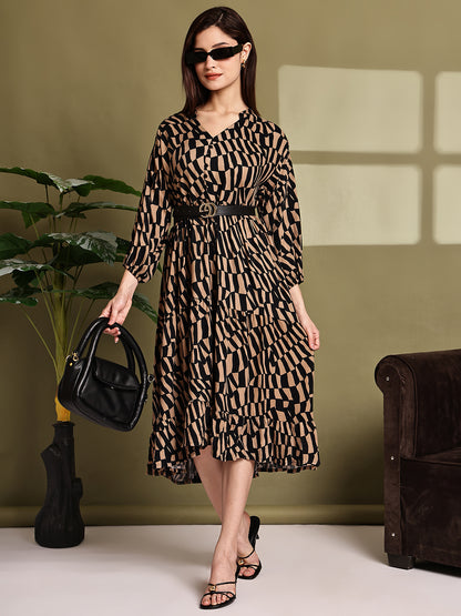 Black & Brown Printed Cotton Tiered Midi Dress
