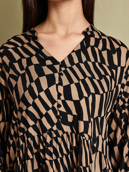 Black & Brown Printed Cotton Tiered Midi Dress