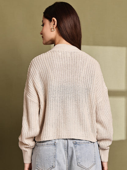 Beige Knitted Acrylic Button-Down Cardigan