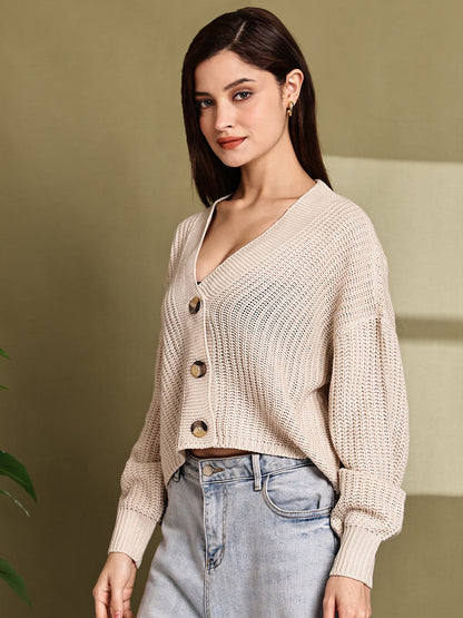 Beige Knitted Acrylic Button-Down Cardigan