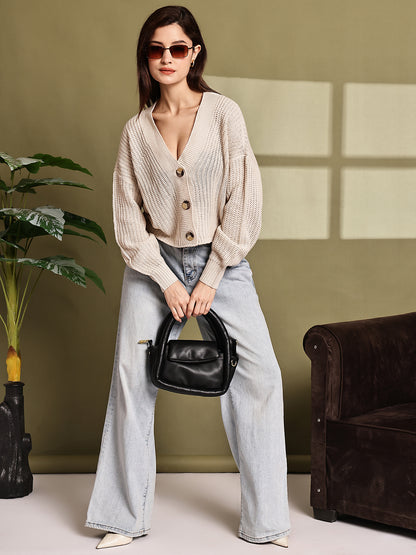 Beige Knitted Acrylic Button-Down Cardigan