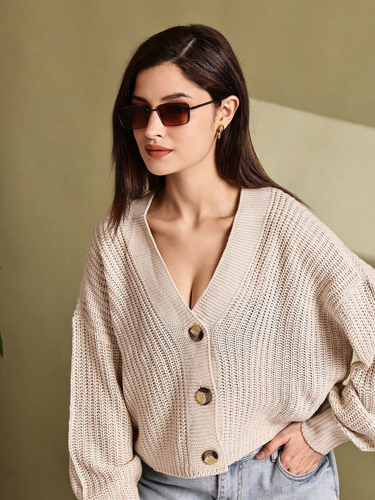 Beige Knitted Acrylic Button-Down Cardigan