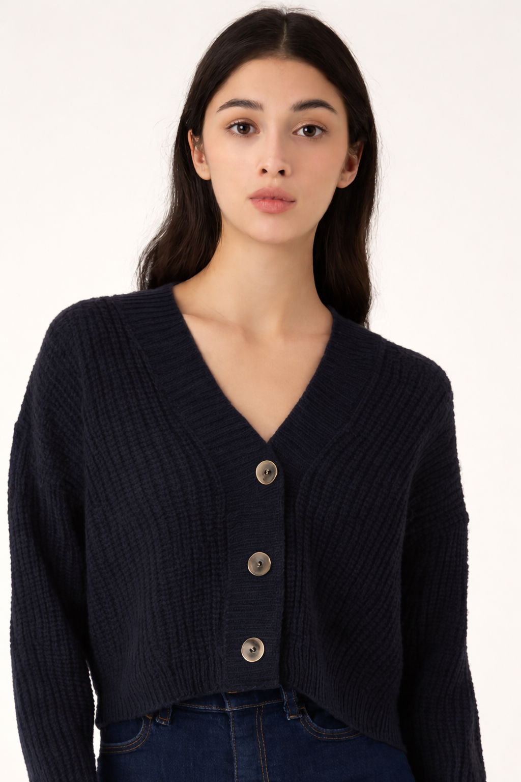 Dark Blue Knitted Acrylic Button-Down Cardigan