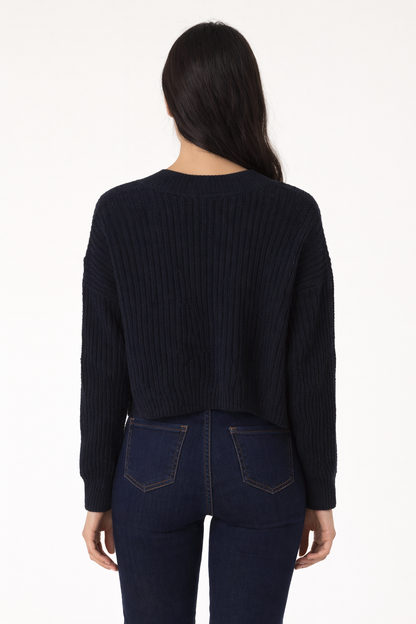 Dark Blue Knitted Acrylic Button-Down Cardigan