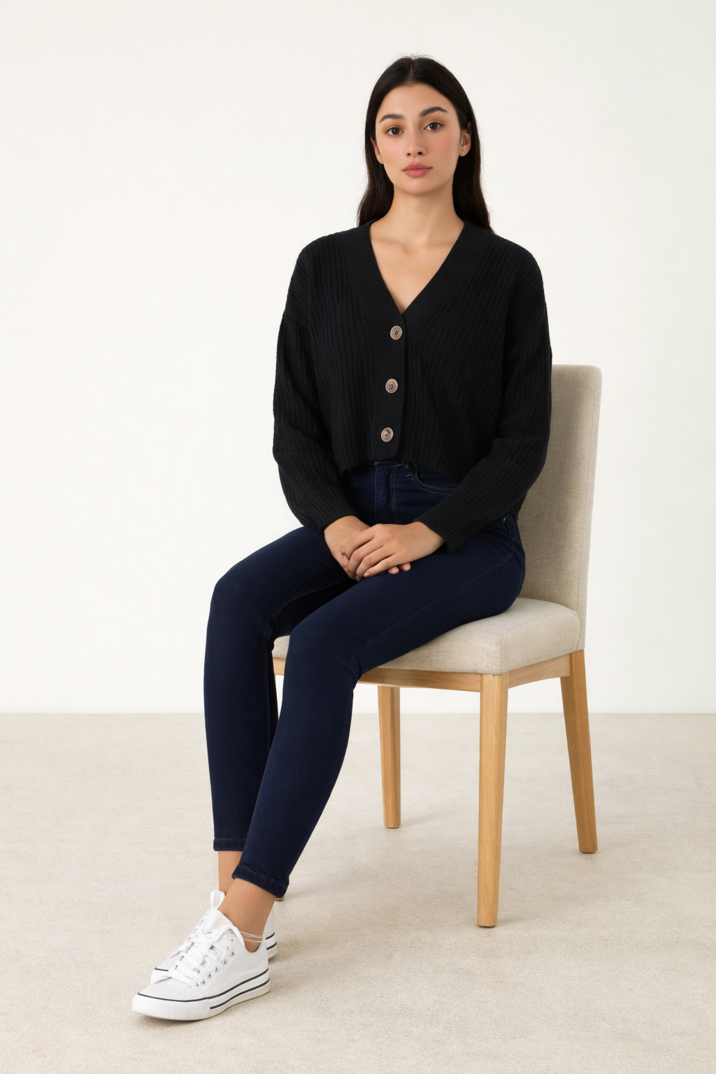 Dark Blue Knitted Acrylic Button-Down Cardigan