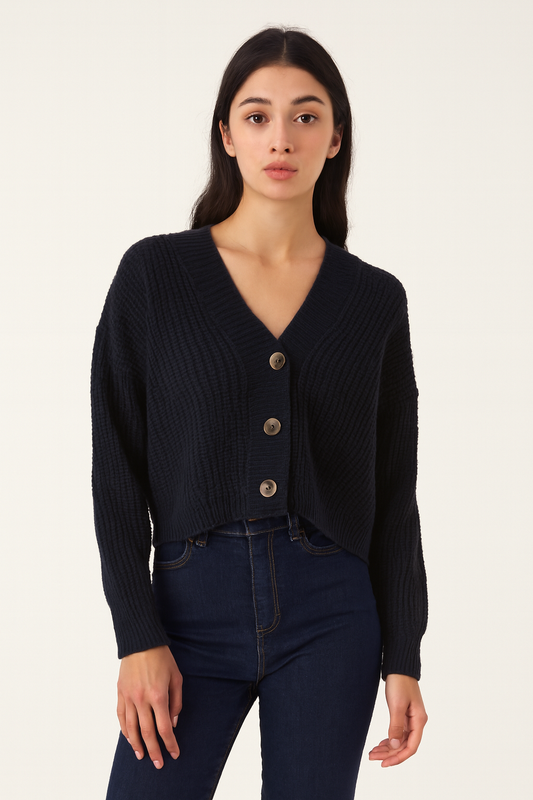 Dark Blue Knitted Acrylic Button-Down Cardigan