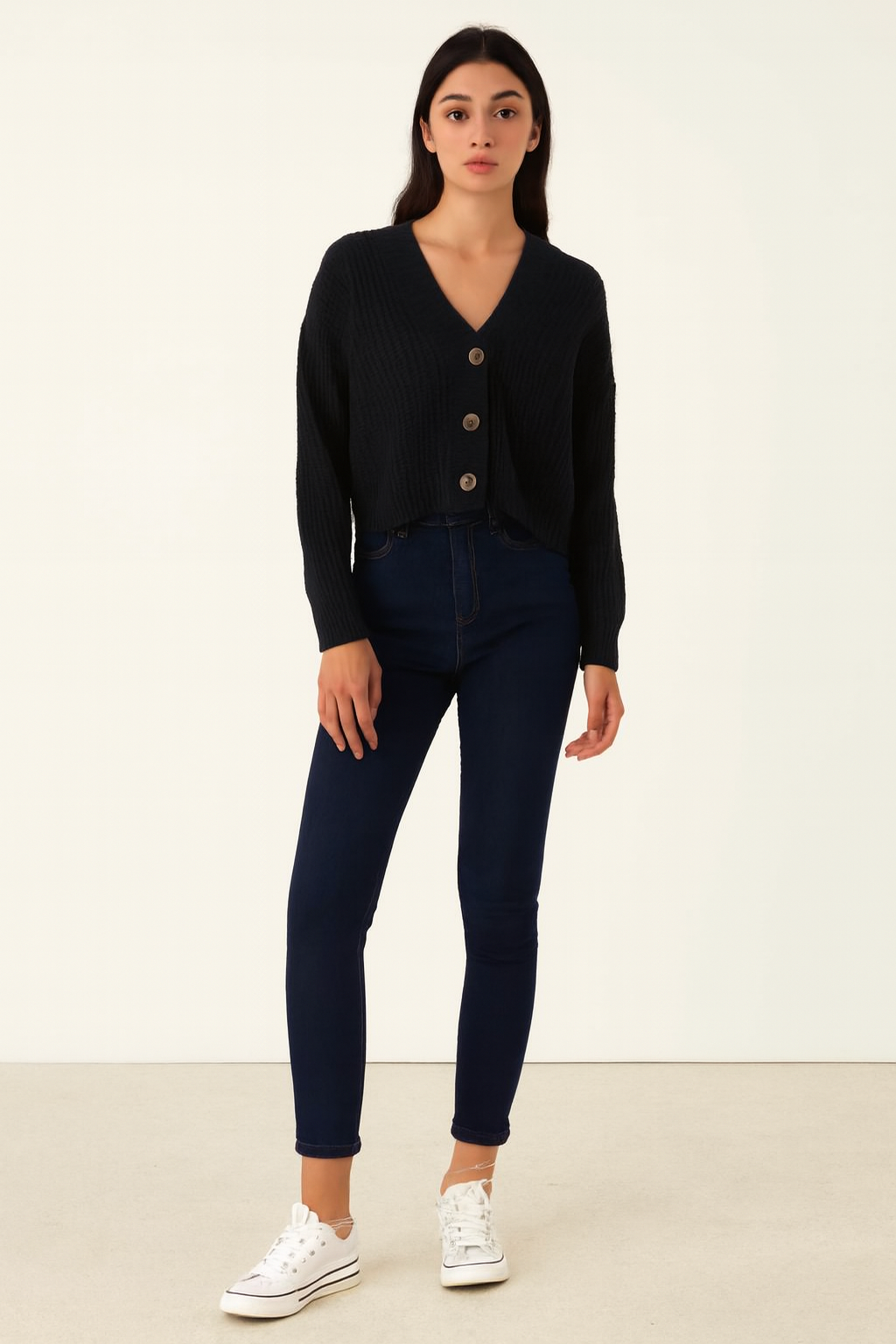 Dark Blue Knitted Acrylic Button-Down Cardigan