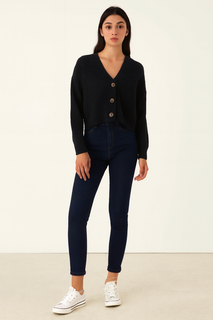 Dark Blue Knitted Acrylic Button-Down Cardigan