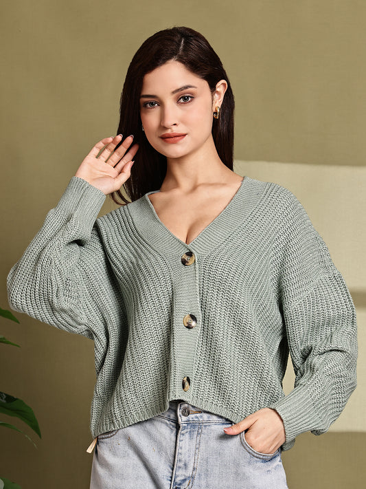 Light Sea Green Knitted Acrylic Button-Down Cardigan