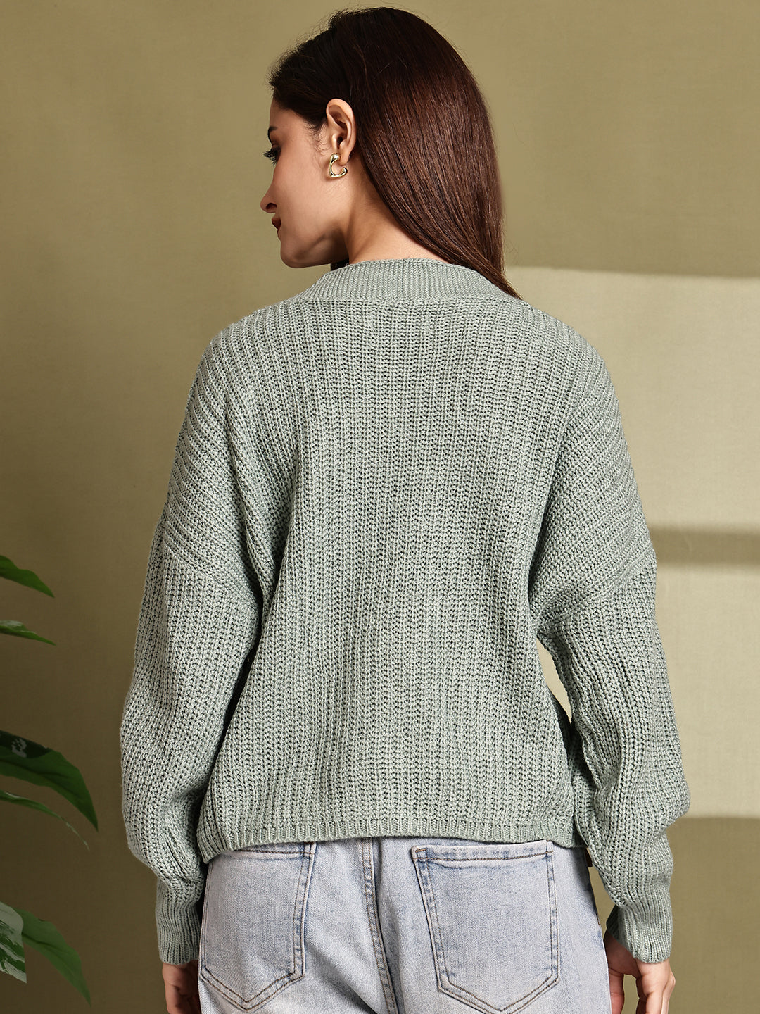 Light Sea Green Knitted Acrylic Button-Down Cardigan