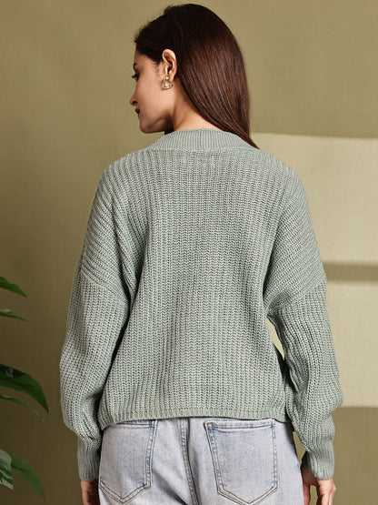 Light Sea Green Knitted Acrylic Button-Down Cardigan