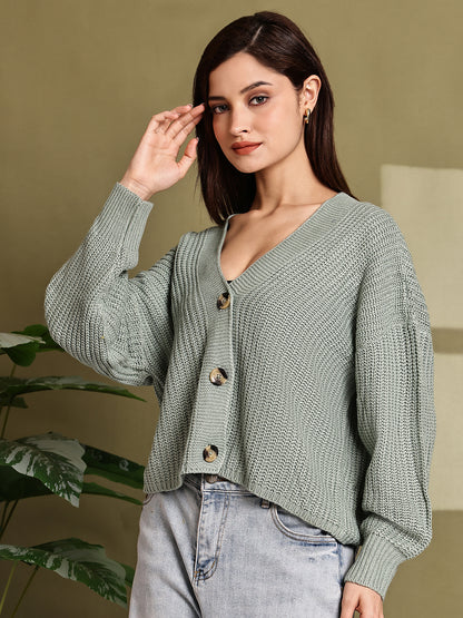 Light Sea Green Knitted Acrylic Button-Down Cardigan