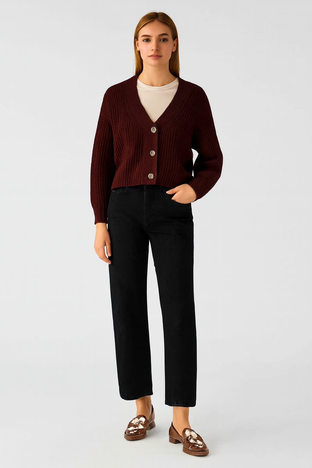 Maroon Knitted Acrylic Button-Down Cardigan