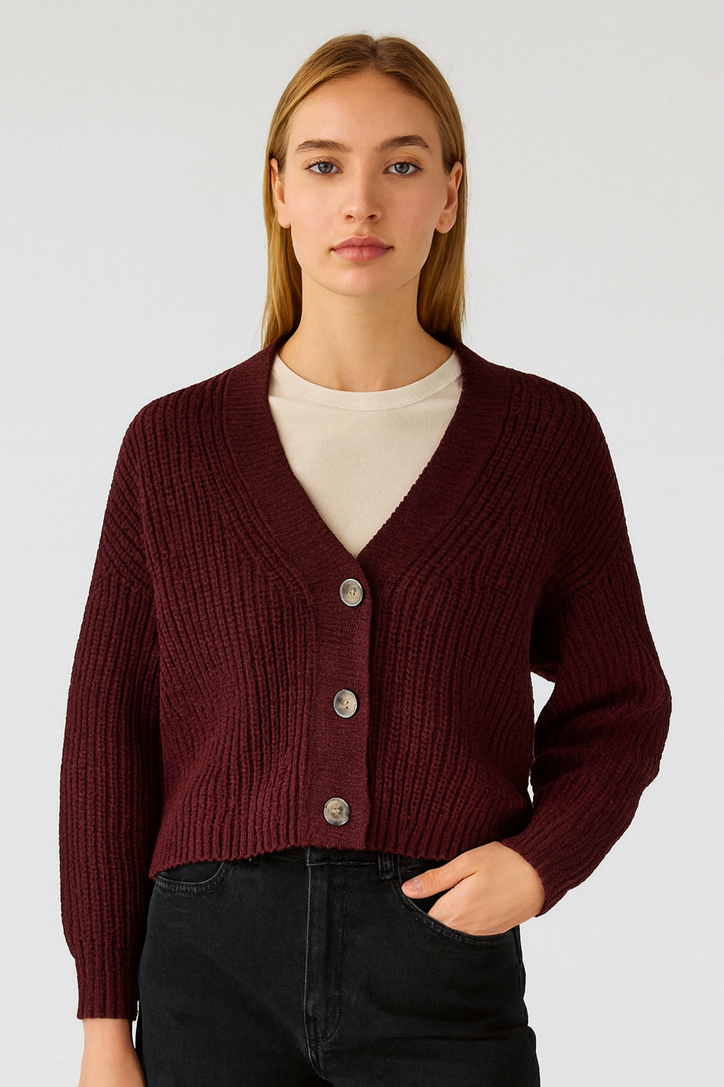 Maroon Knitted Acrylic Button-Down Cardigan
