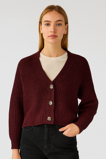 Maroon Knitted Acrylic Button-Down Cardigan